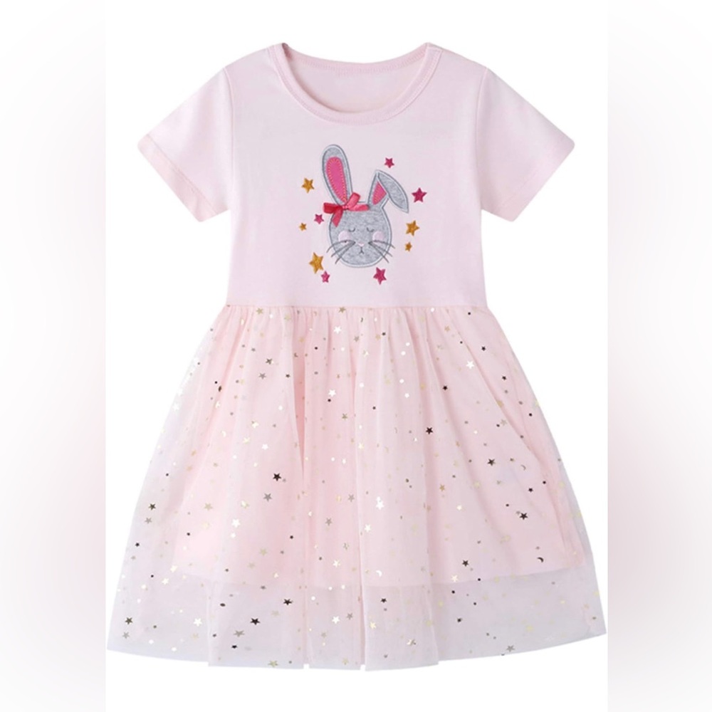 Toddler Dress 🐰Bunny appliqué, tulle skirt with gold stars Sz 4T